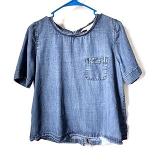 LOFT Denim Short Sleeve Button Back Top Shirt Size Medium Petite